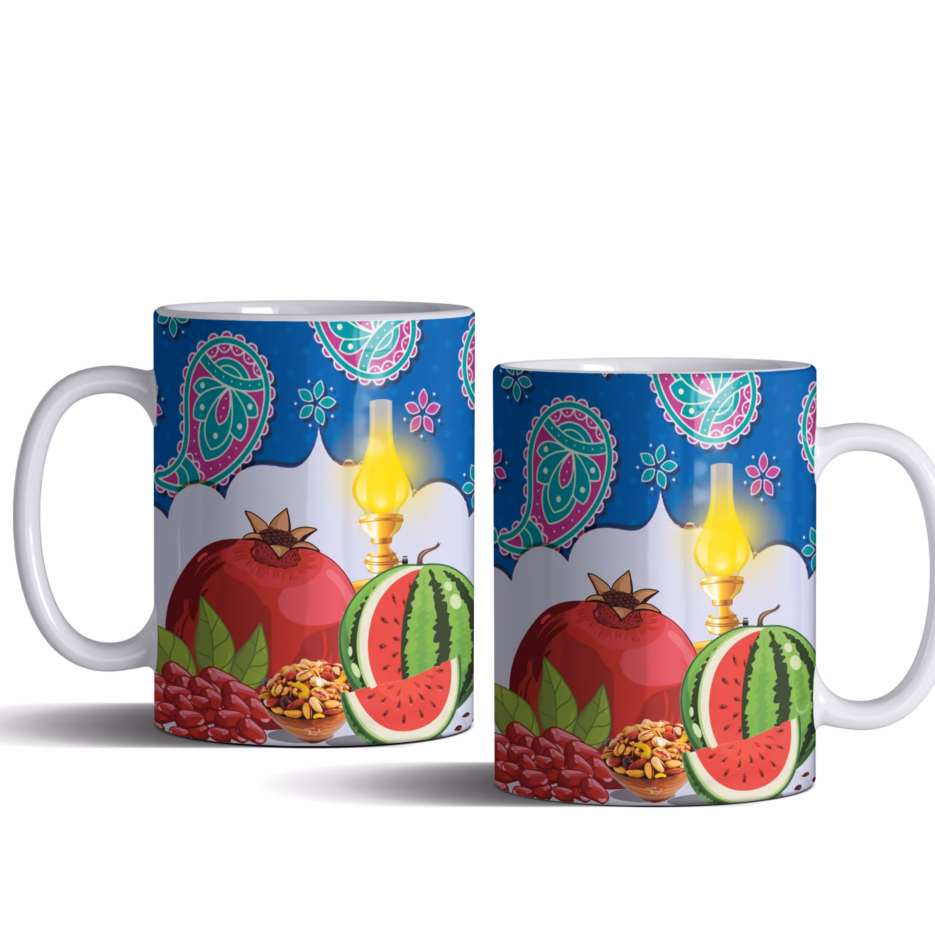 لیوان (ماگ) شب یلدا با طرح هندوانه و انار و آجیل
