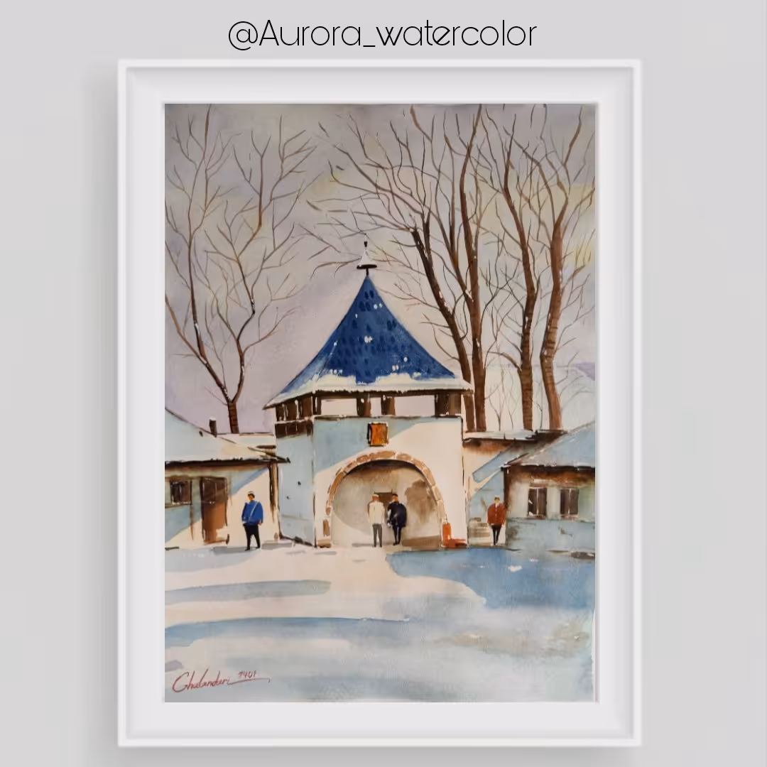 نقاشی  منظره ی برفی روستایی تکنیک آبرنگ