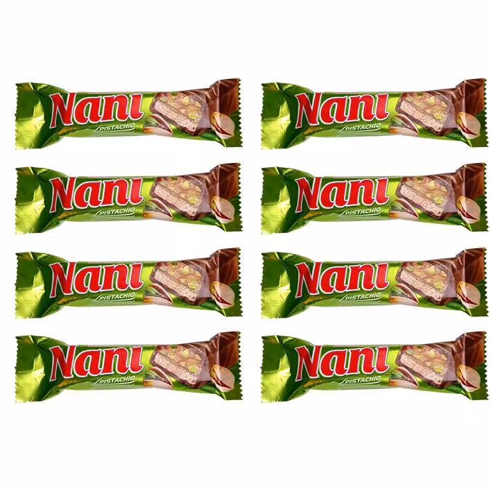 نانی نوقا و کارامل با مغزی پسته و روکش شکلات شیری شیرین عسل - 40 گرم بسته 8 عددی