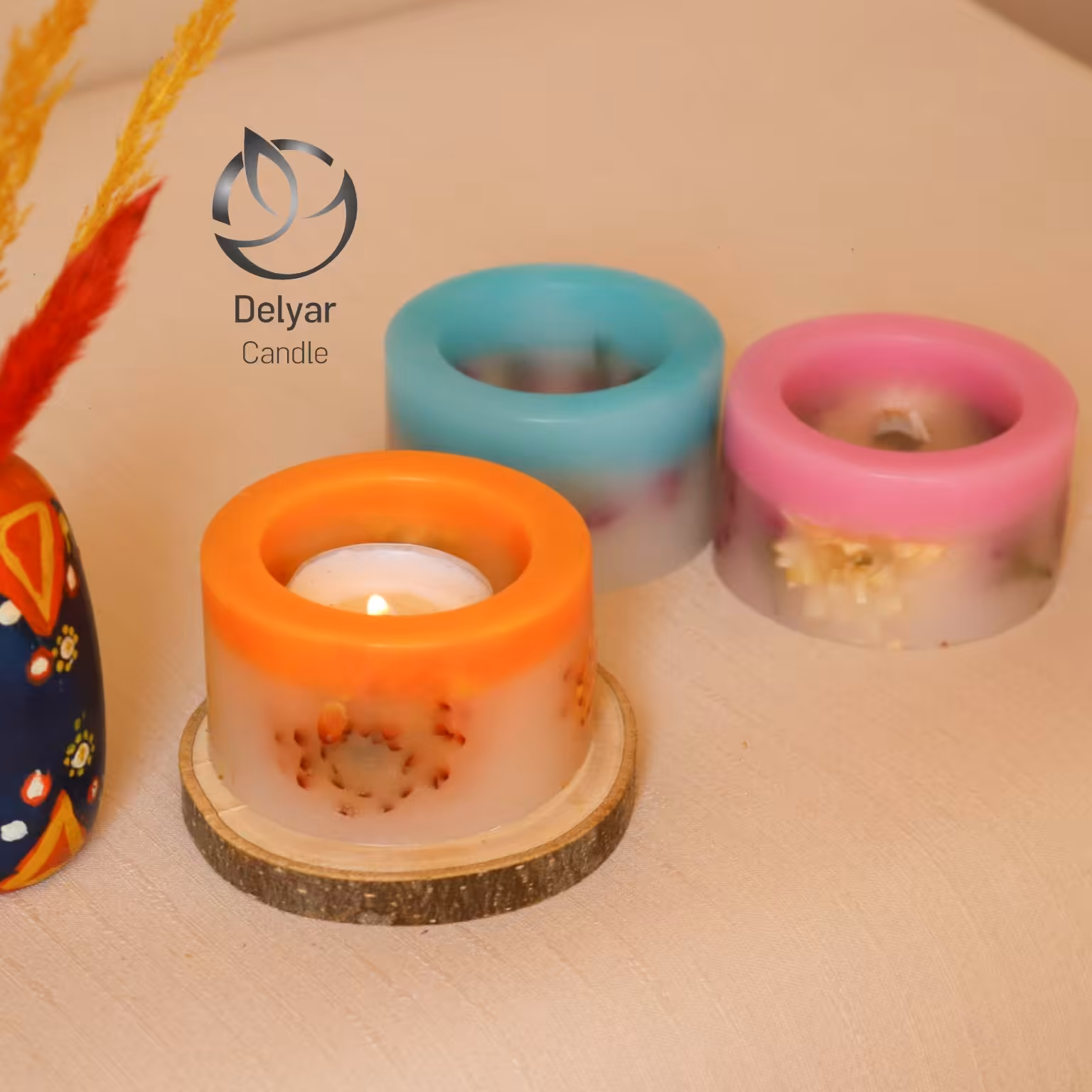 شمع فانوسی گلدار دورنگ