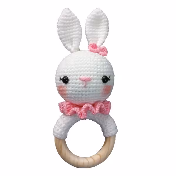 جغجغه بافتنی مدل خرگوش  دخترانه سفید و صورتی