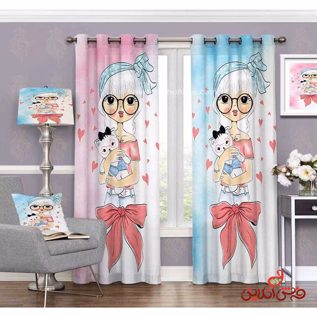 پرده 2عددی کودک طرح دختر عینکی مو سفید و گربه تدی کد 3125