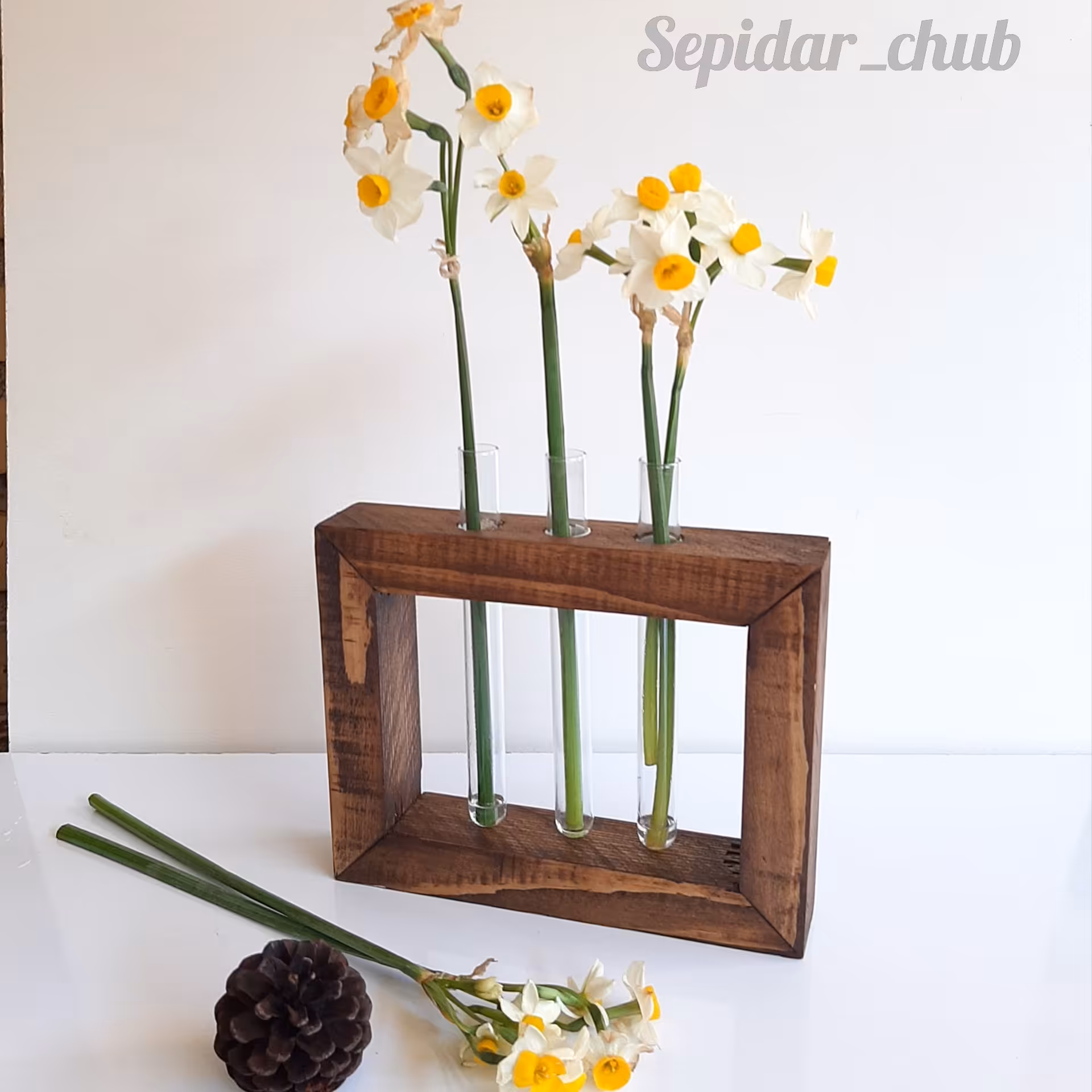 گلدان چوبی دیواری با 2 لوله شیشه ای ظرف گیاه 