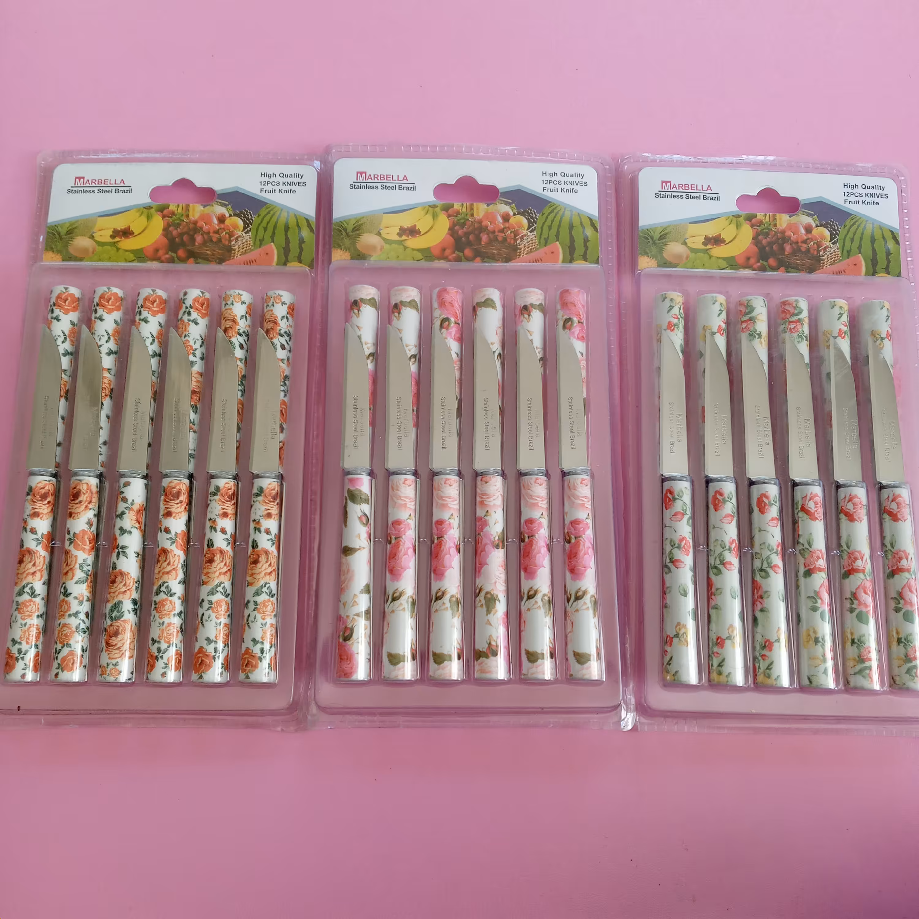 کارد میوه خوری 12 تایی طرح سرامیکی مارک ماربلا لوله ای جنس تیغه استیل ساده ( چاقو میوه خوری )            