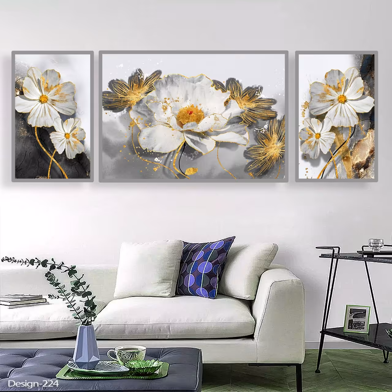 تابلو دکوراتیو مجموعه گل های طوسی طلایی 3تیکه سایز ی عدد 50در70و دو عدد 30در50