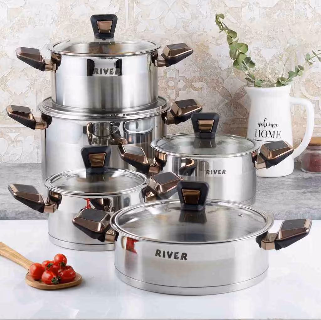 سرویس قابلمه 10 پارچه استیل ریور با دسته باکالیت – استیل رزگلد