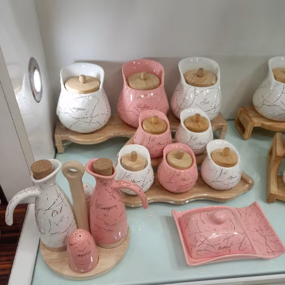 سرویس ادویه پاسماوری 21 پارچه یقه دار ماربل با استند چوبی در 4 رنگ