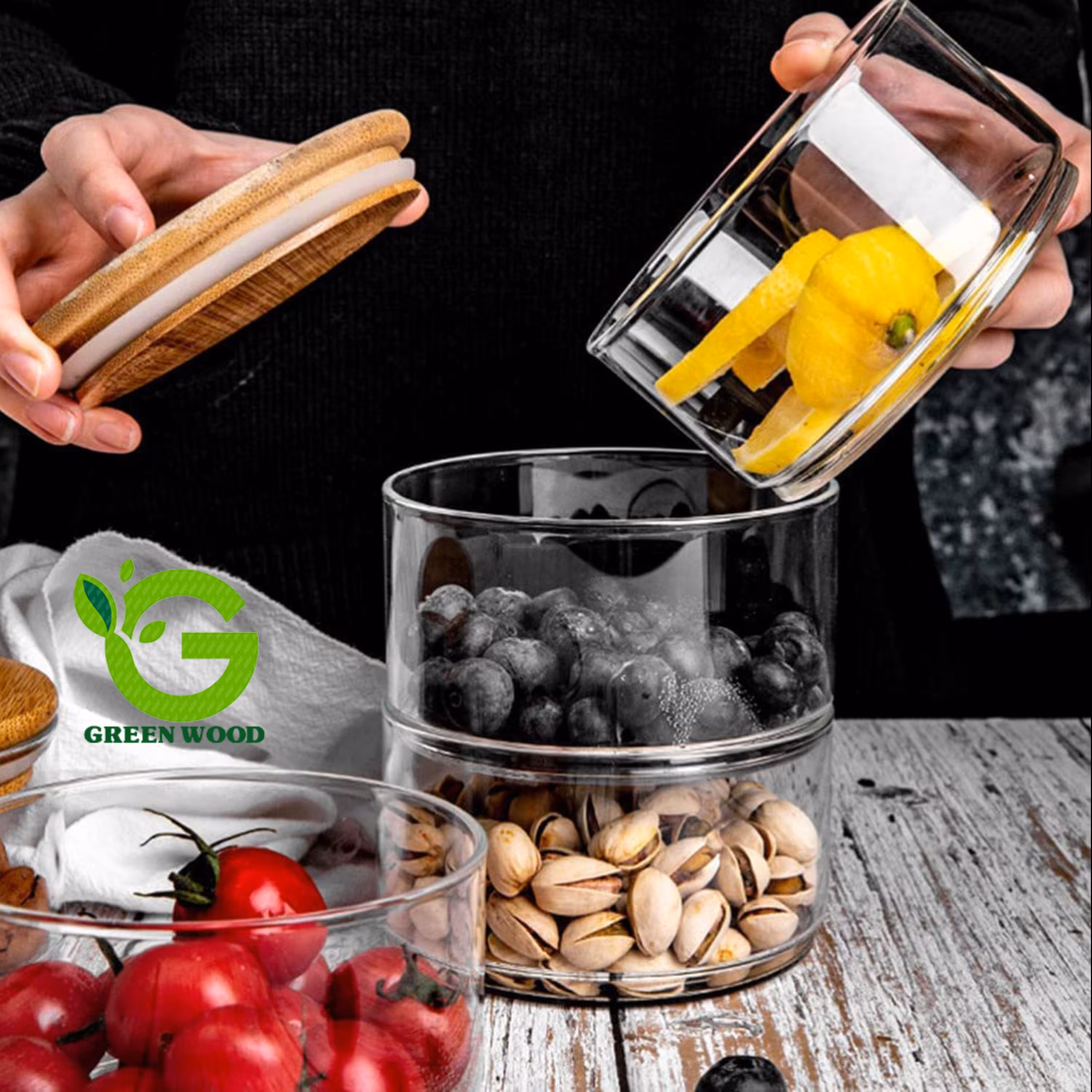 برج تنقلات ست بانکه جا حبوباتی 4 عددی بامبو شیشه ای پیرکس مدل D11 کد Gw90301013