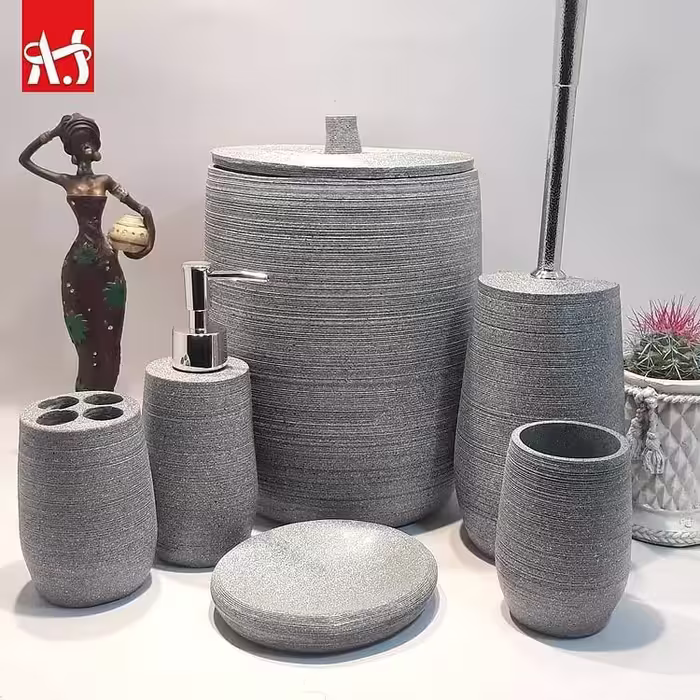 اکسسوری و ست سرویس بهداشتی Wawe آذین ست/ رنگ طوسی طرح سنگ / مدرن / جنس رزین درجه یک 