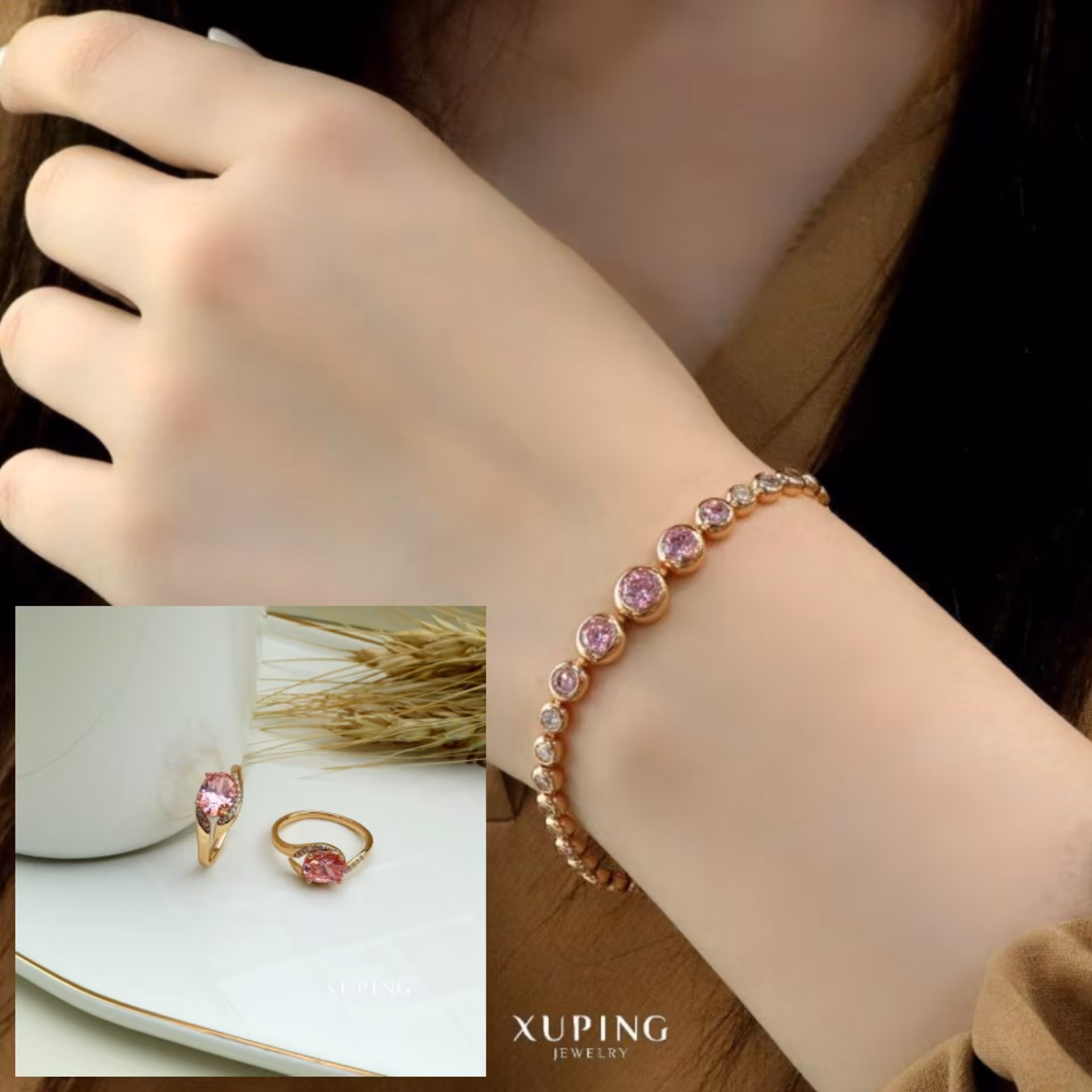 ست انگشتر و دستبندفول نگین رنگ صورتی ژوپینگ