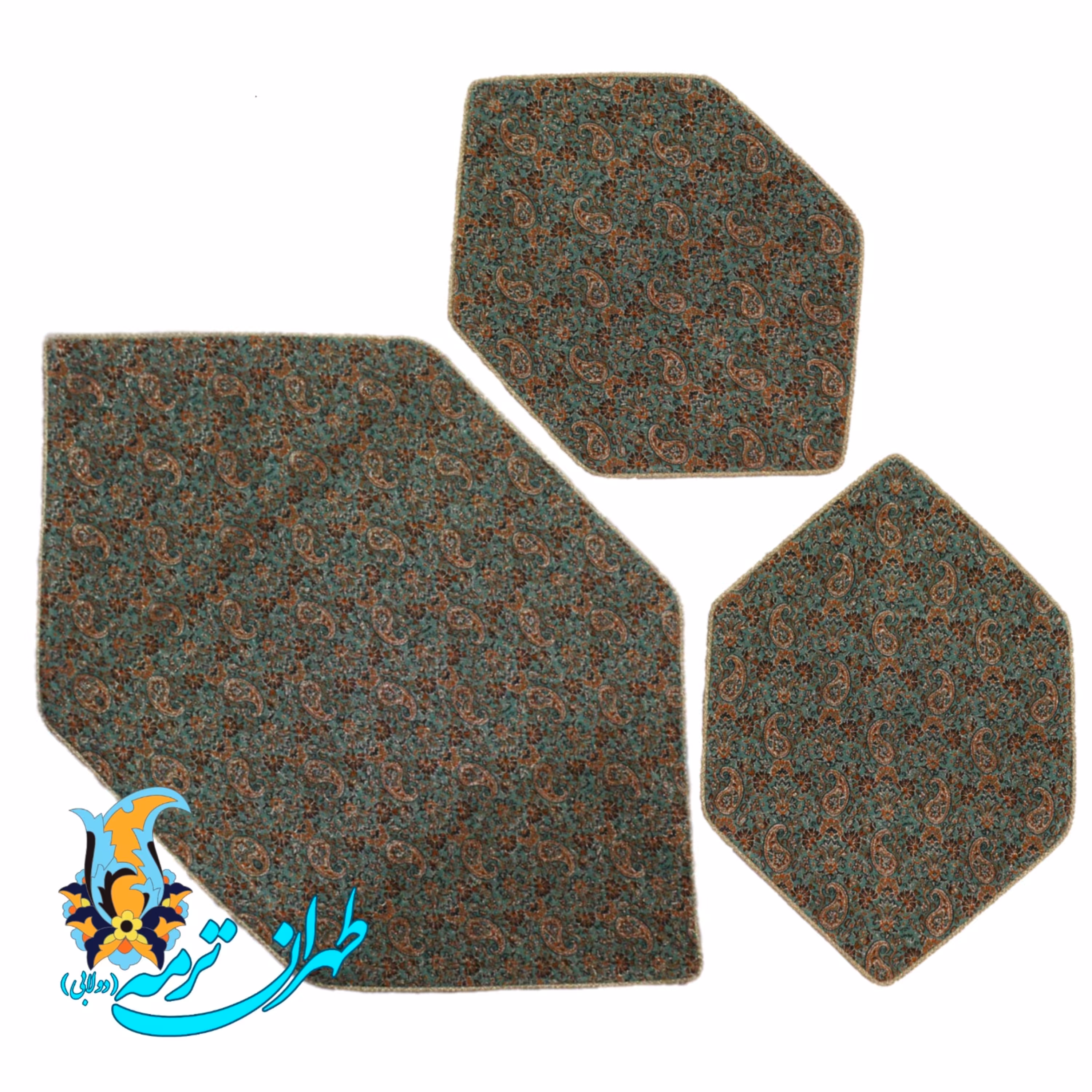 ست سه تکه رومیزی ترمه نفیس،ترمه یزدی اصل تراکم بالا، رومیزی جلومبلی سه تیکه، رنگ سبزپسته‌ای،آستری فونجه‌رویال آبی‌خوشرنگ