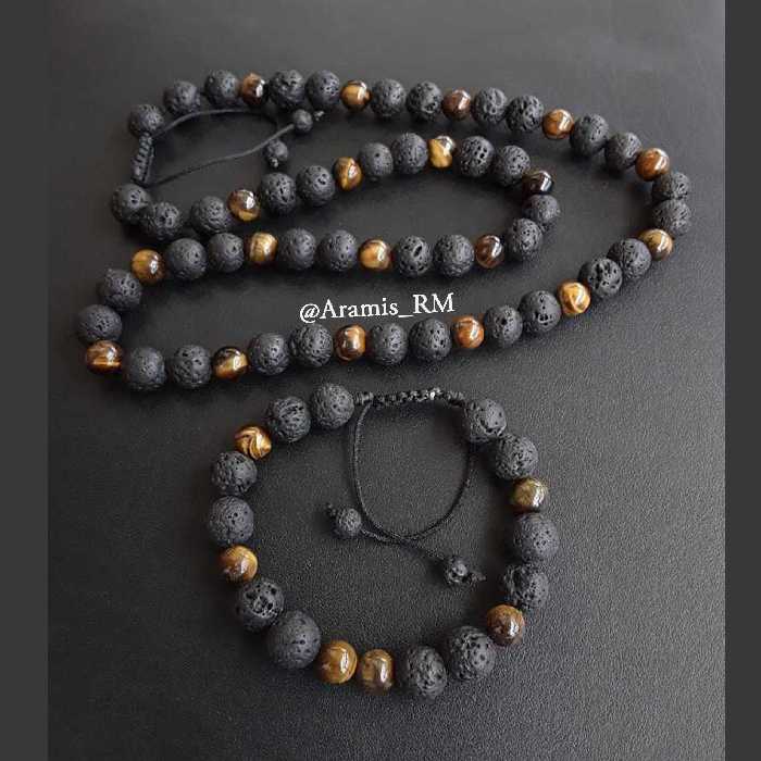 دستبند و گردنبند سنگ چشم ببر و لاوا