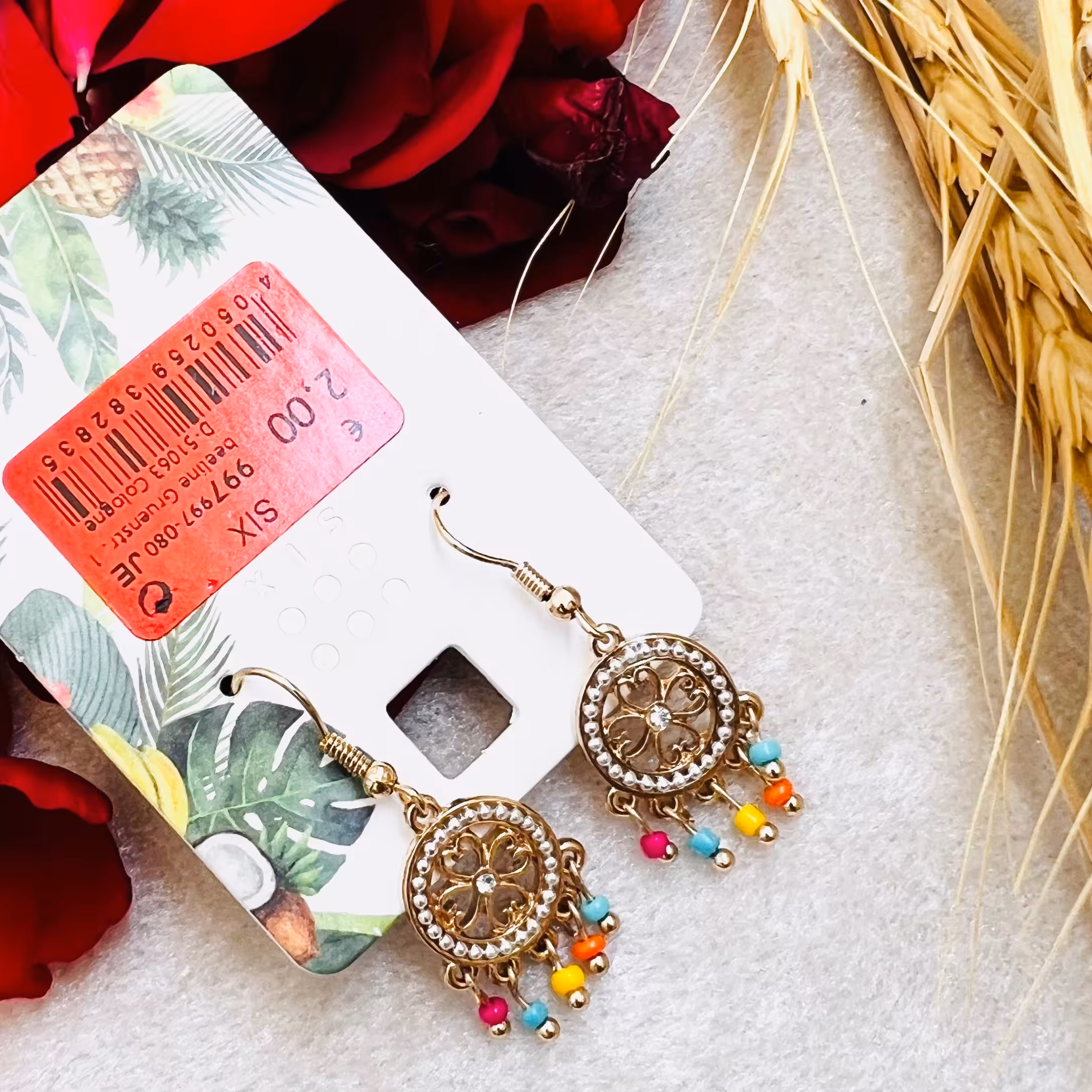 گوشواره عصایی دایره ی نگین رنگی