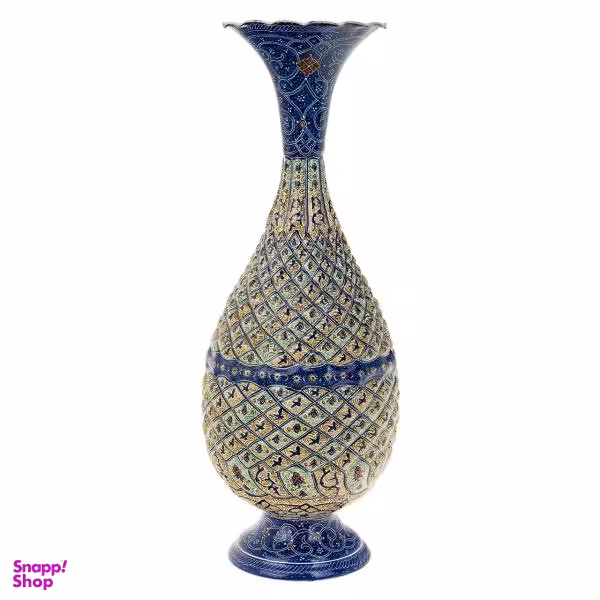 گلدان مسی میناکاری شده اثر اسماعیلی مدل صراحی طرح خانه بندی 1 ارتفاع 26 سانتی متر