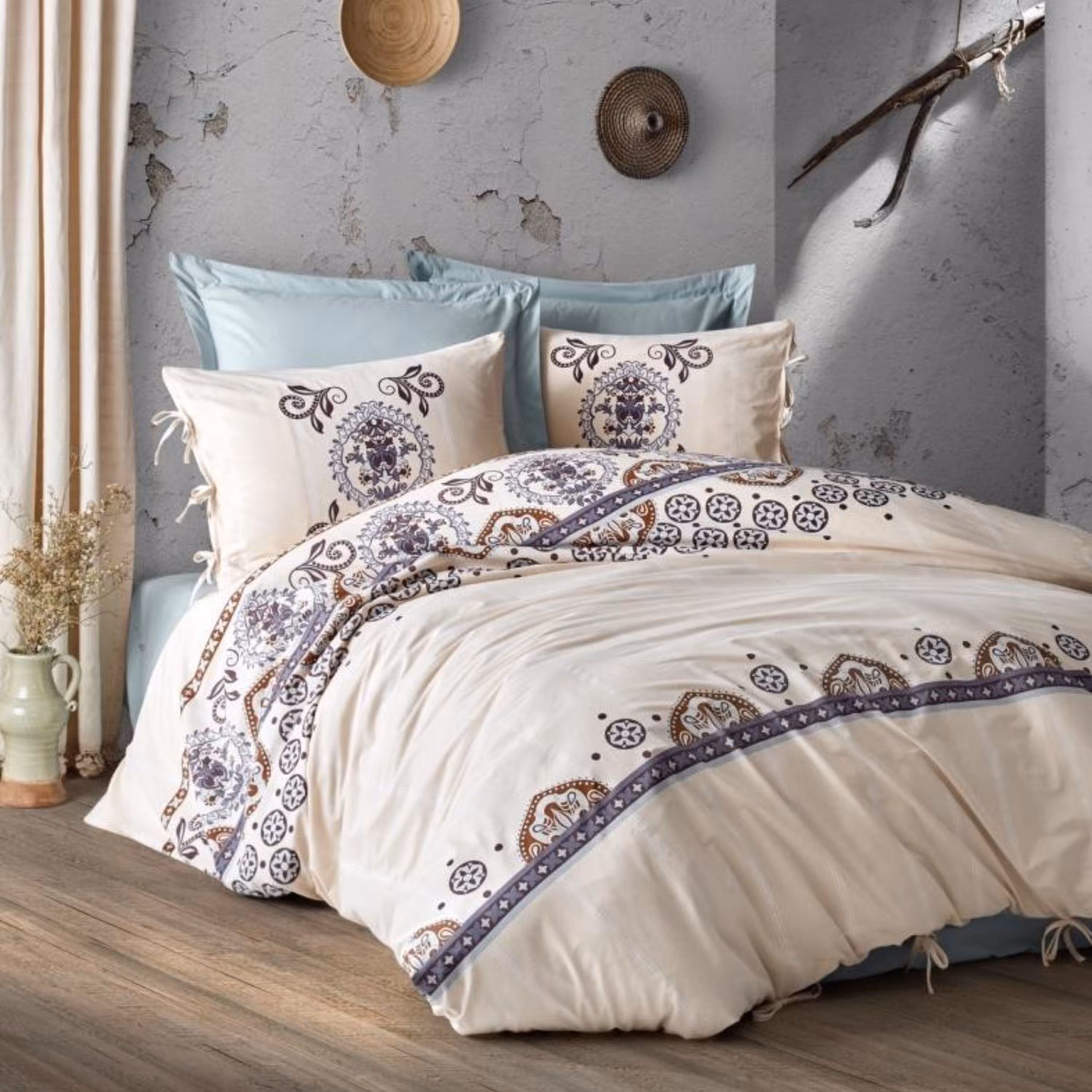 ست ملحفه کاتن باکس مدل Nostalgic Mavera Mavi تکنفره 4 تکه