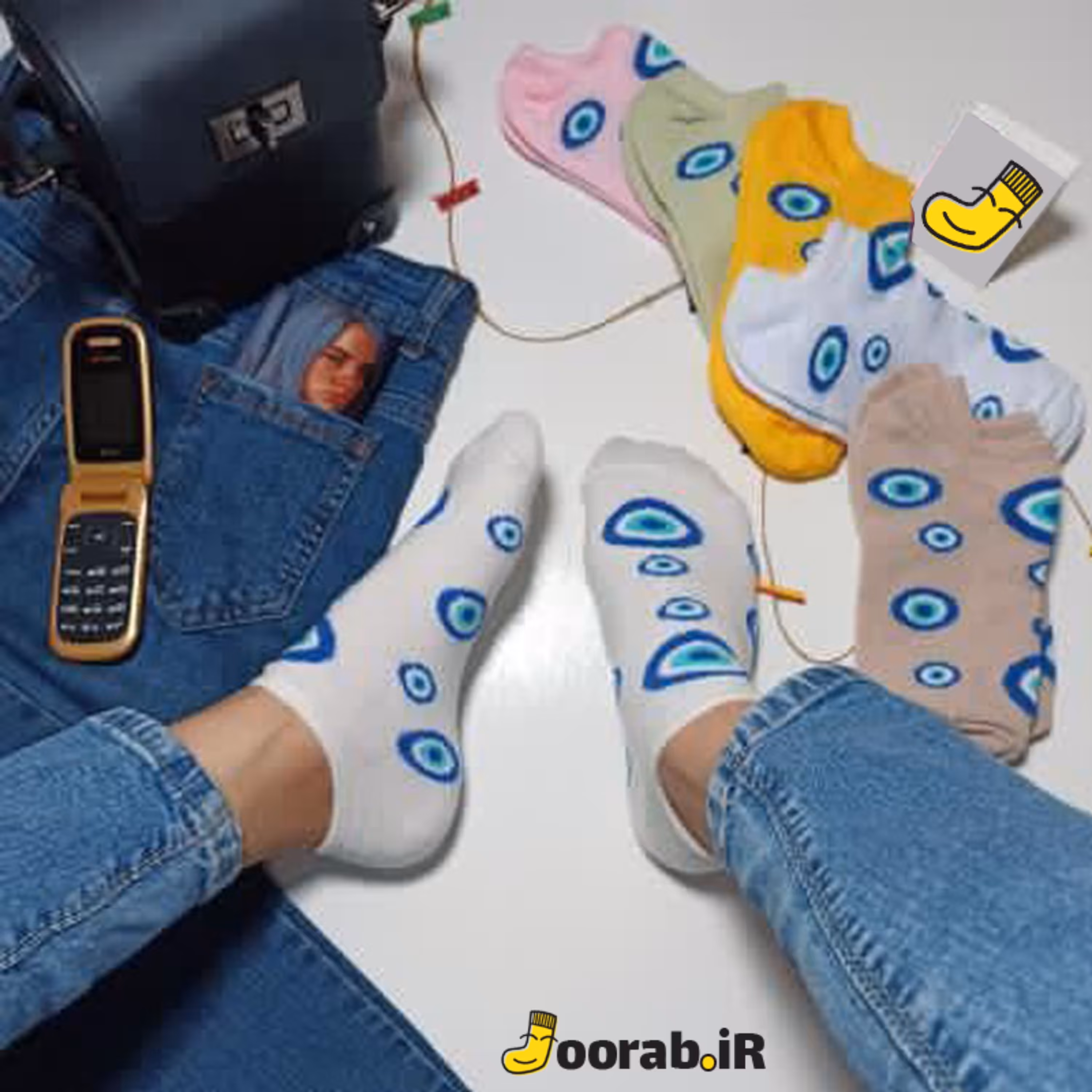 جوراب مچی قوزکی طرح چشم نظر سفید