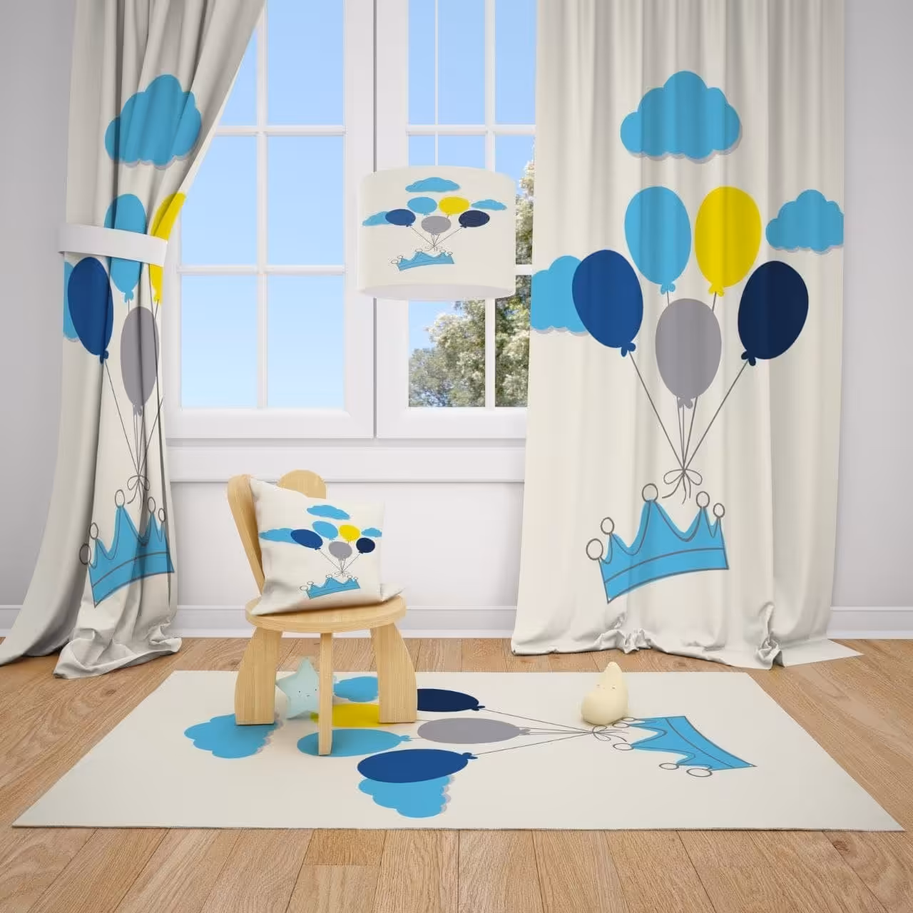 فرشینه مخمل لایکتیک سه لایه سایز 280 در 140 طرح کودک_تاج_بادکنک _ ابر