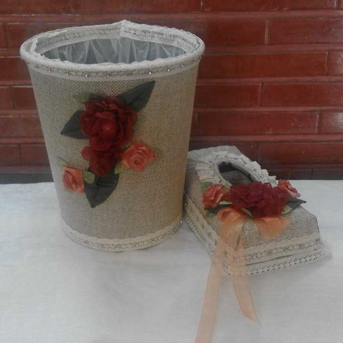 سطل و جا دستمالی روبان دوزی شده