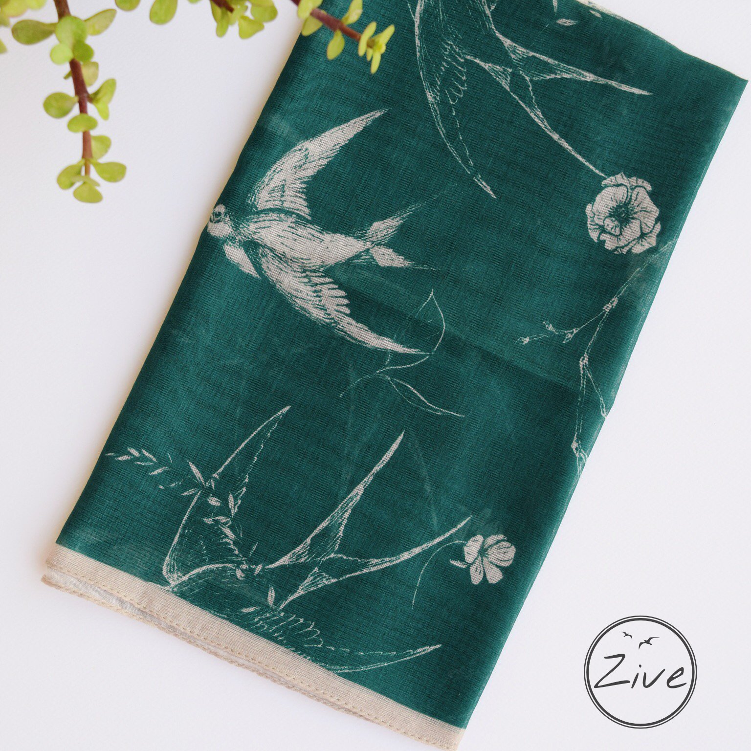 روسری قواره کوچک نخی سبز طرح پرستو