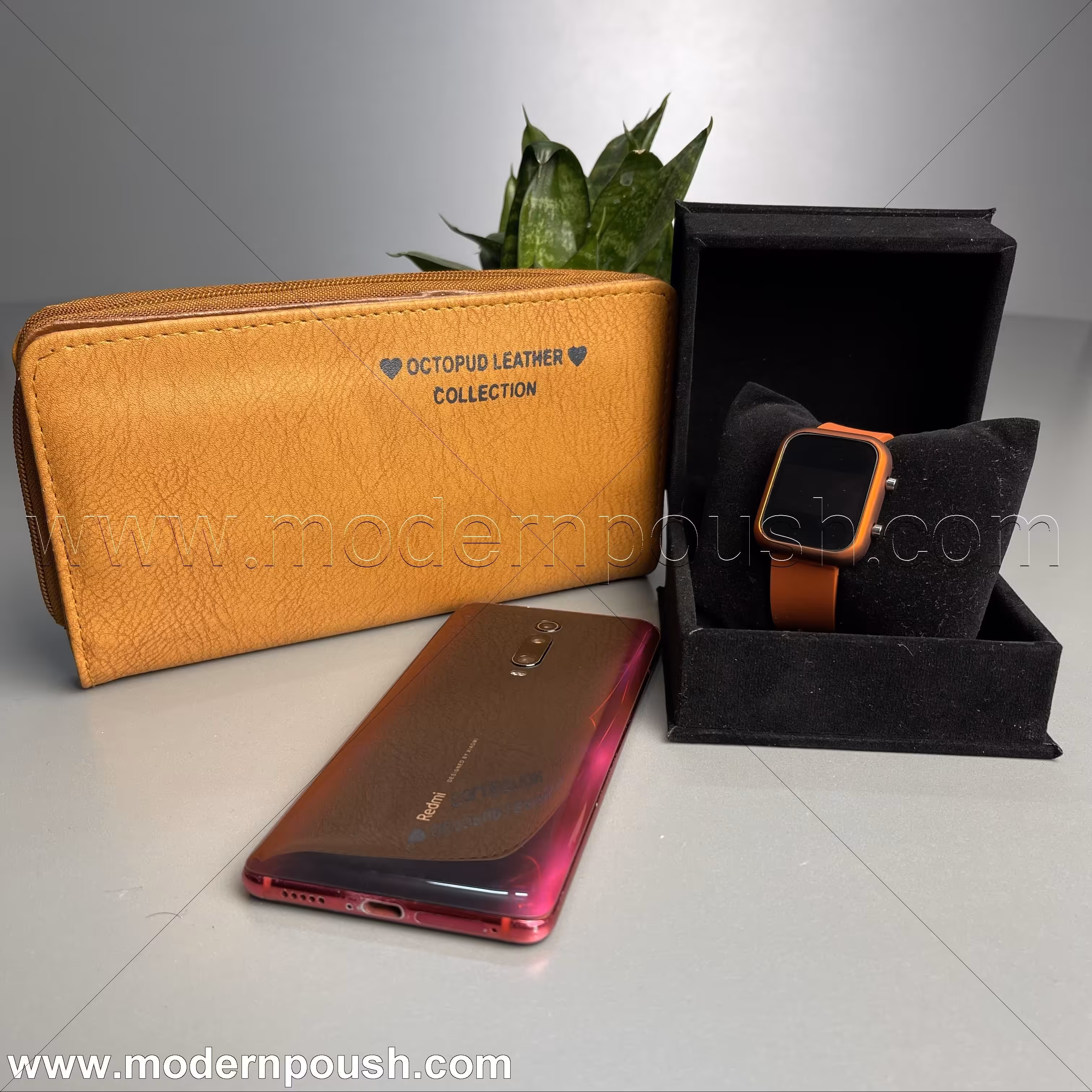 ست ساعت طرح اپل واچ  و کیف پول (جا موبایلی) رنگ خردلی مناسب کادو وهدیه