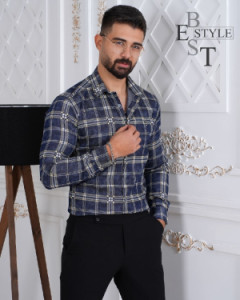 پیراهن مردانه چهارخونه دنیم‌ کش آستین بلند کد: k3