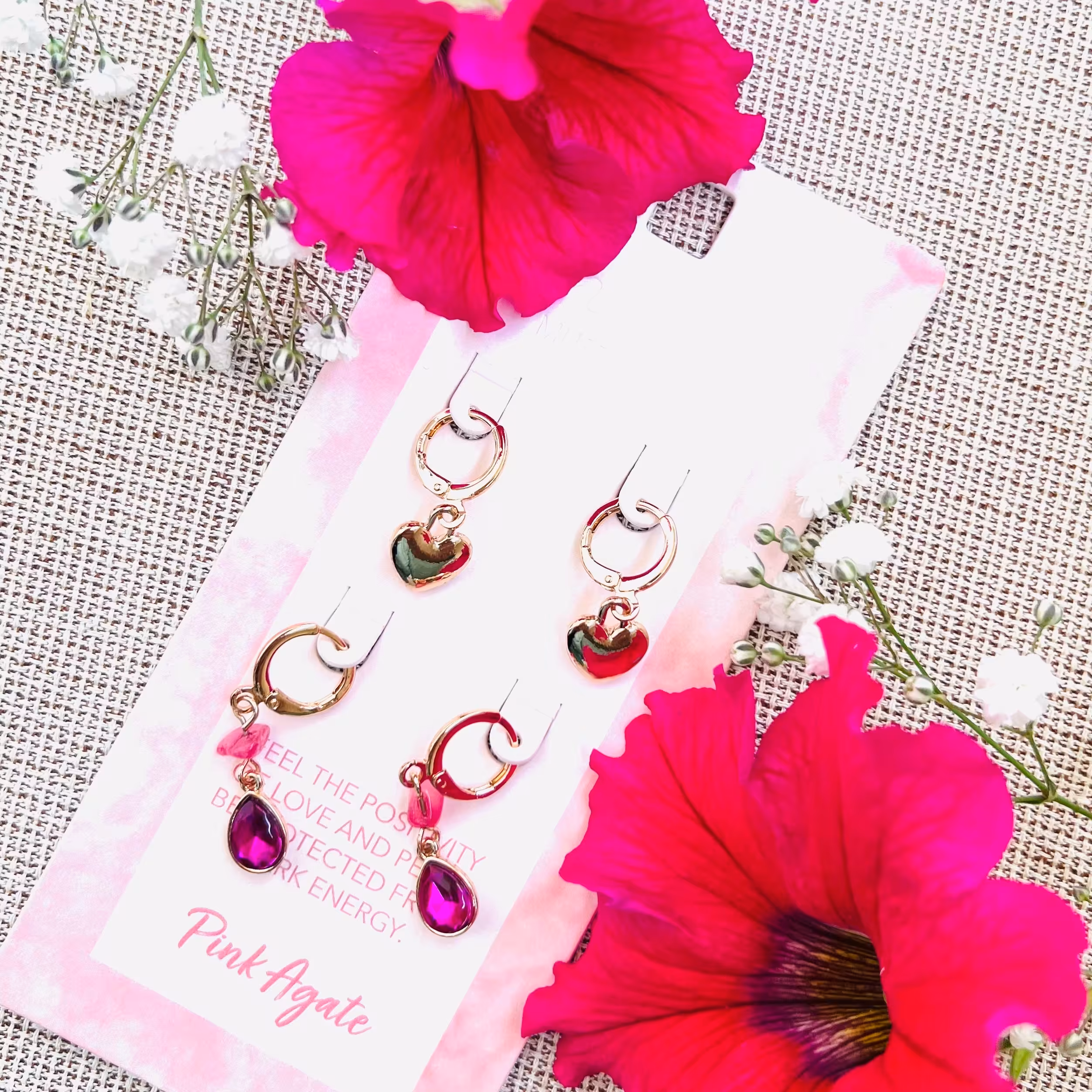 پک دو عددی گوشواره سنگ اگت سرخابی و اویز قلب