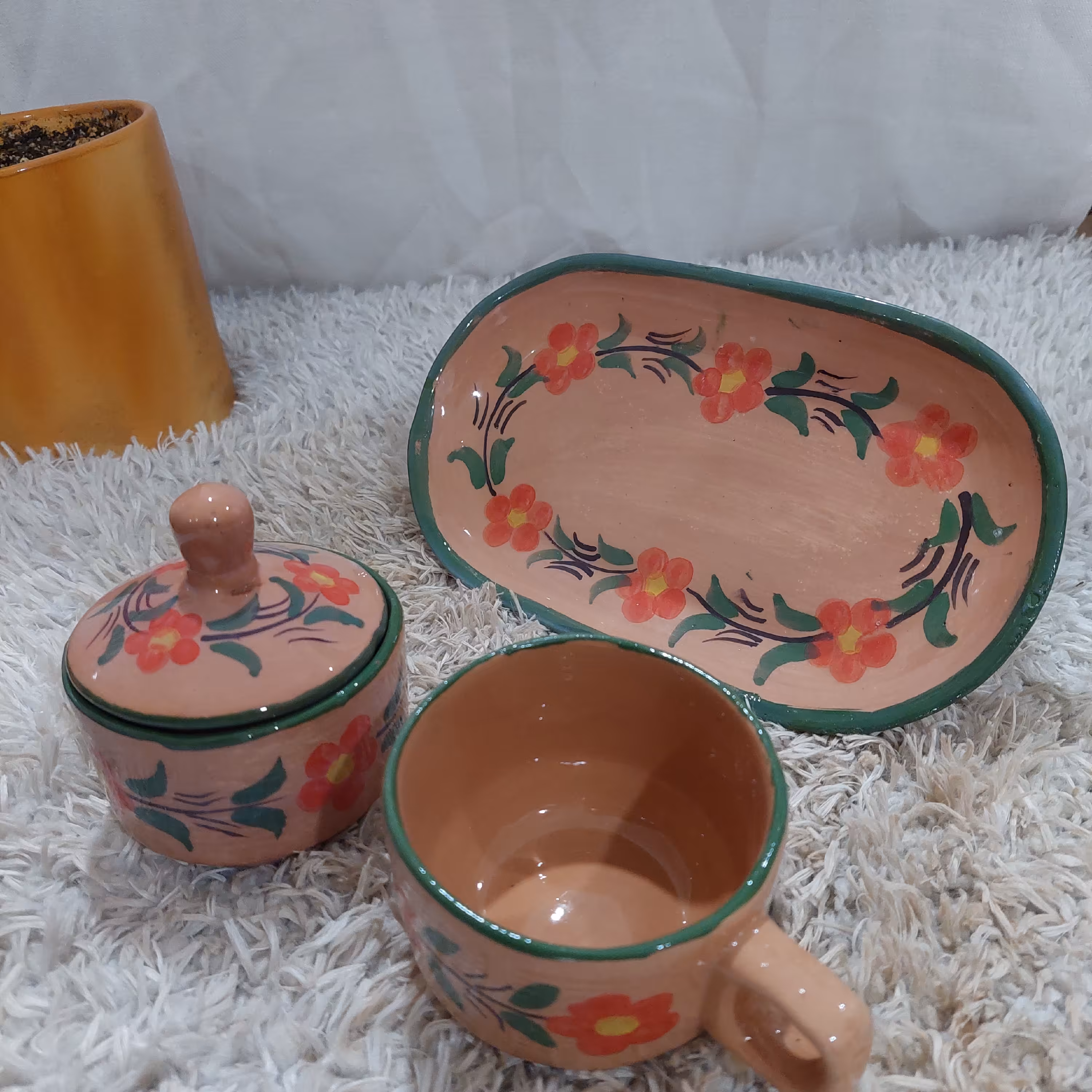 ست سفالی تک نفره گل قرمز 