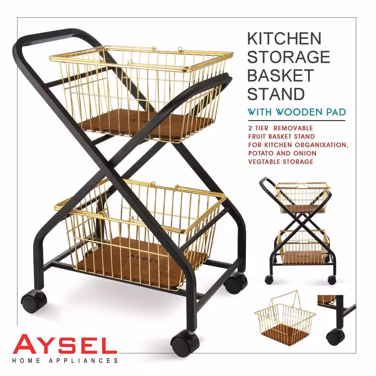 سبد ایستاده  پیاز سیل زمینی  چرخدار برند آیسل مدل هلیا طلایی با 18 ماه ضمانت