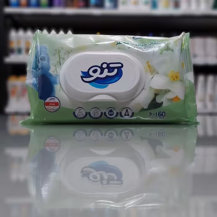 تنو دستمال مرطوب پاک کننده دست و صورت و بدن بسته 60 عددی حاوی عصاره یاس
