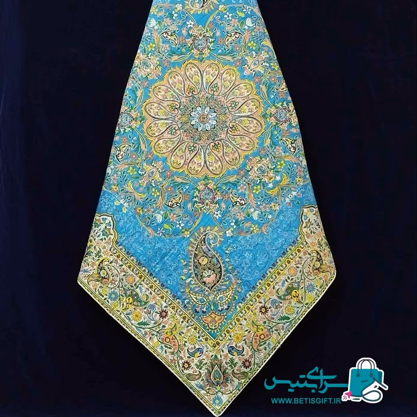 رومیزی ترمه یزد  رنگ آبی فیروزه ای ترمه طرح افشار 