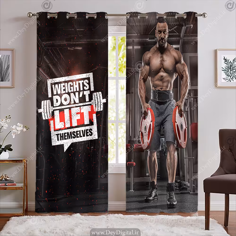 پرده آپاده باشگاه طرح بدنساز و وزنه هالتر با تم قرمز BA-7541-s