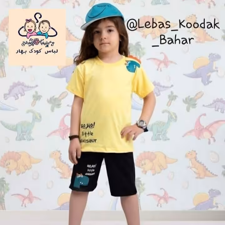 ست سه تیکه کلاه و تیشرت و شلوارک دایناسوری اسپرت دخترونه و پسرونه، سایز 1.5 تا 8 سال