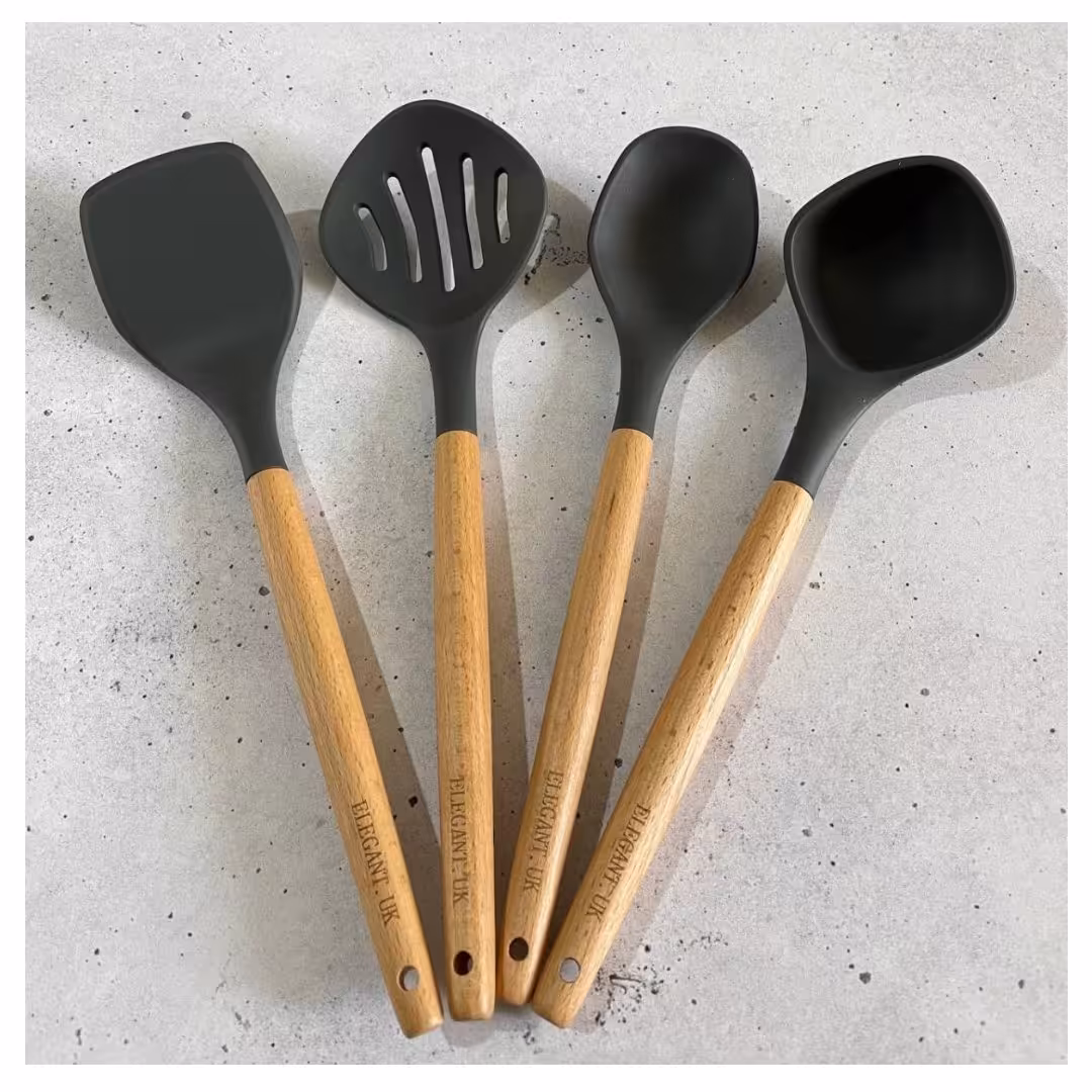 کفگیر وملاقه ست 4تای سیلیکونی نسوز با دسته چوب راش نسوز  1ست