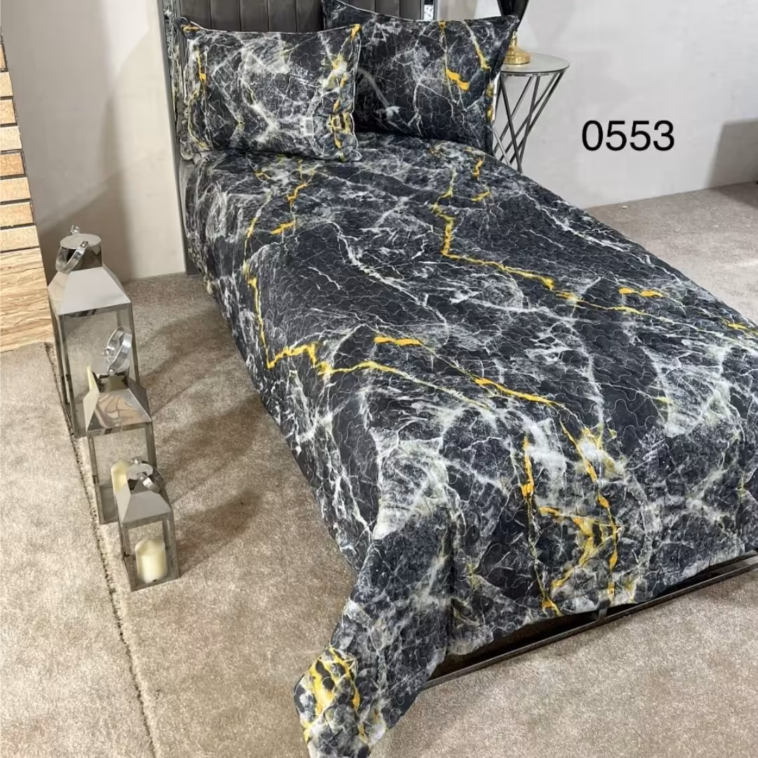 روتختی یک نفره طرح دار گلدوزی دو رو سه تکه gold streak(ضمانت پرز و رنگ )