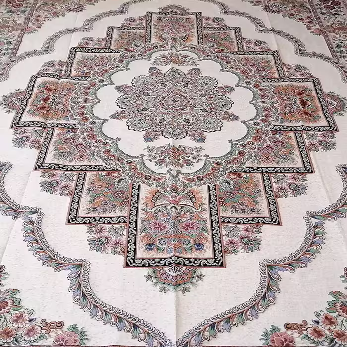 روفرشی 12 متری مخمل زرکدار کرم طرح زیبای حوض نقره