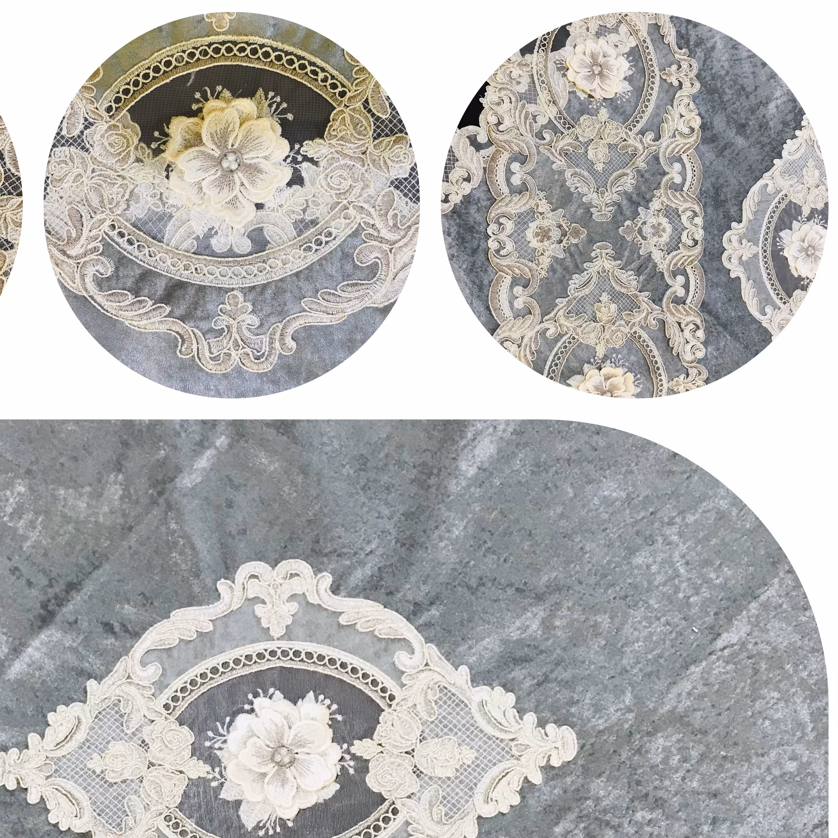 رومیزی 4 تیکه حریر و مخمل رنگ خاکستری (طوسی)