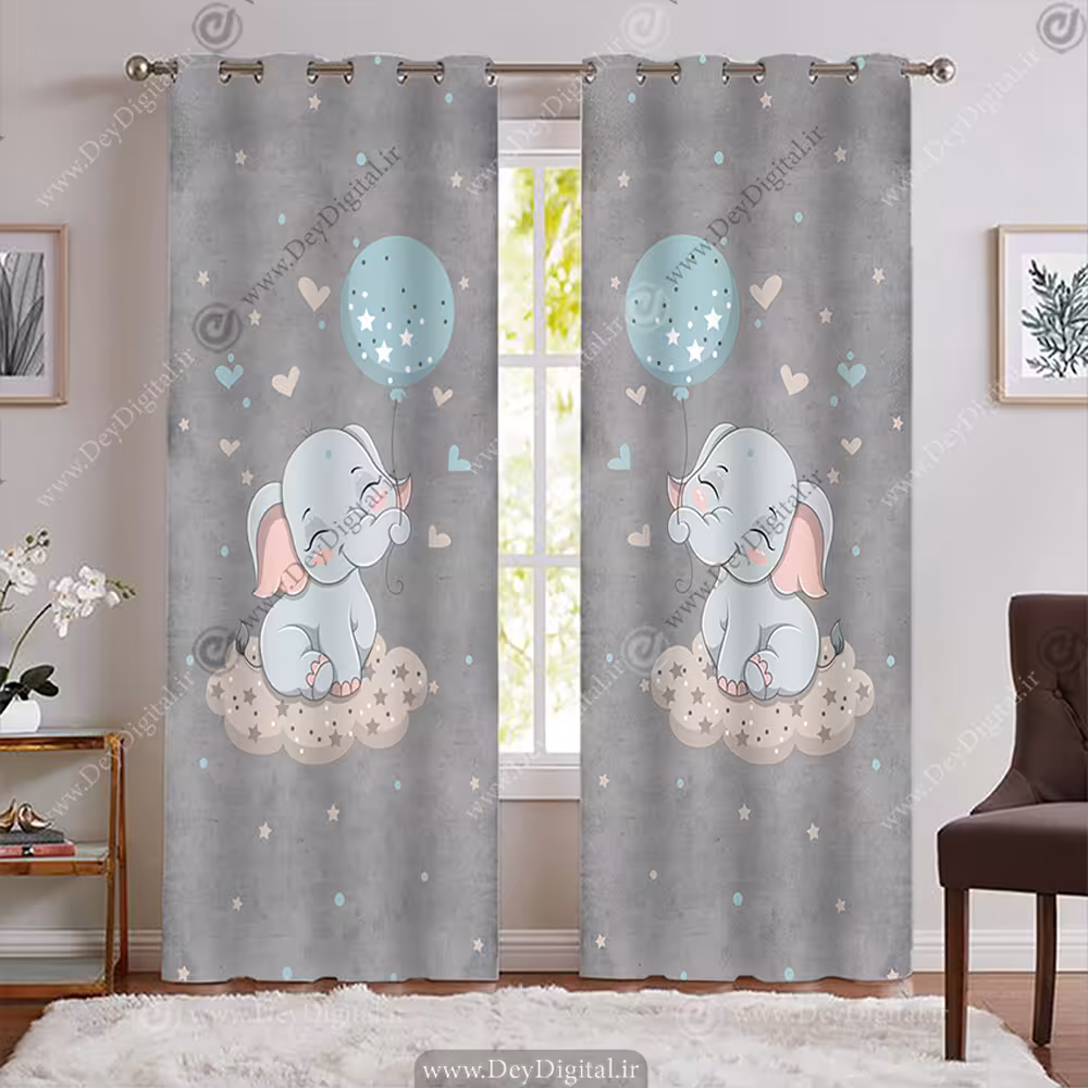 پرده چاپی اتاق کودک طرح فیل و بادکنک PK-7701
