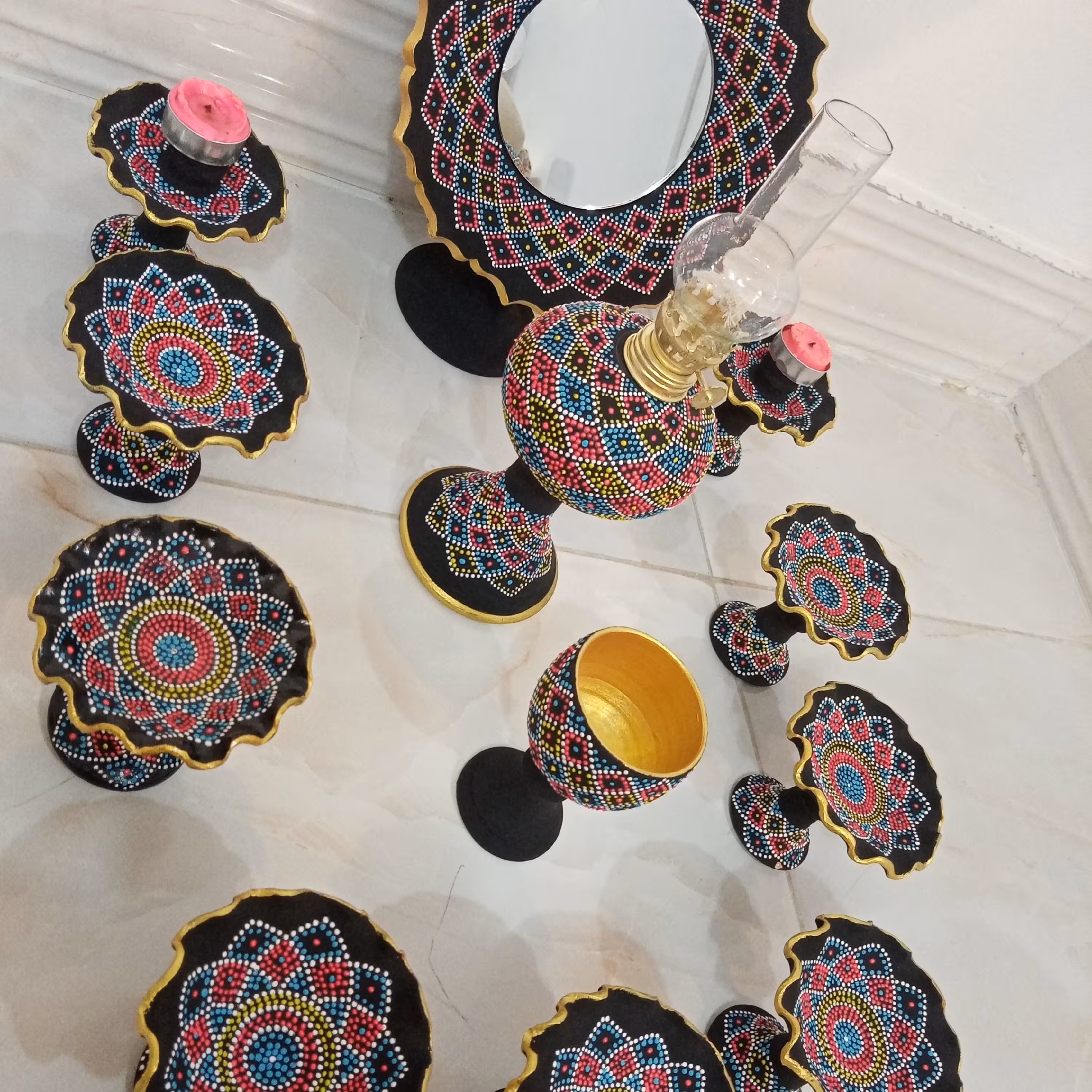 هفت سین سفالی نقطه کوبی شده، قابل شستشو، قابل سفارش در طرح و رنگ دلخواه