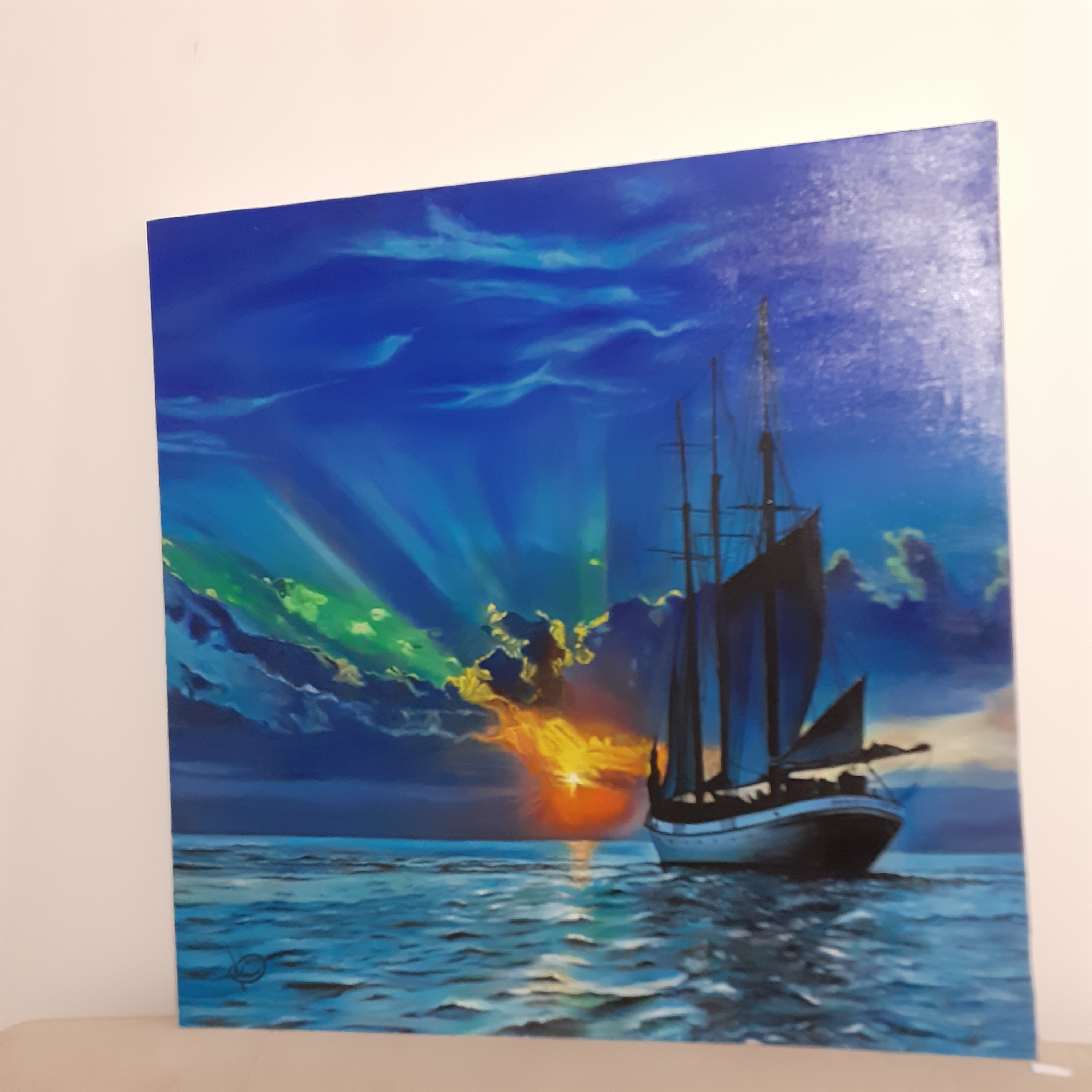 تابلوی نقاشی  غروب رنگ روغن با ابعاد 70در 70 با بوم دیپ  و وزن یک کیلو هشتصد گرم