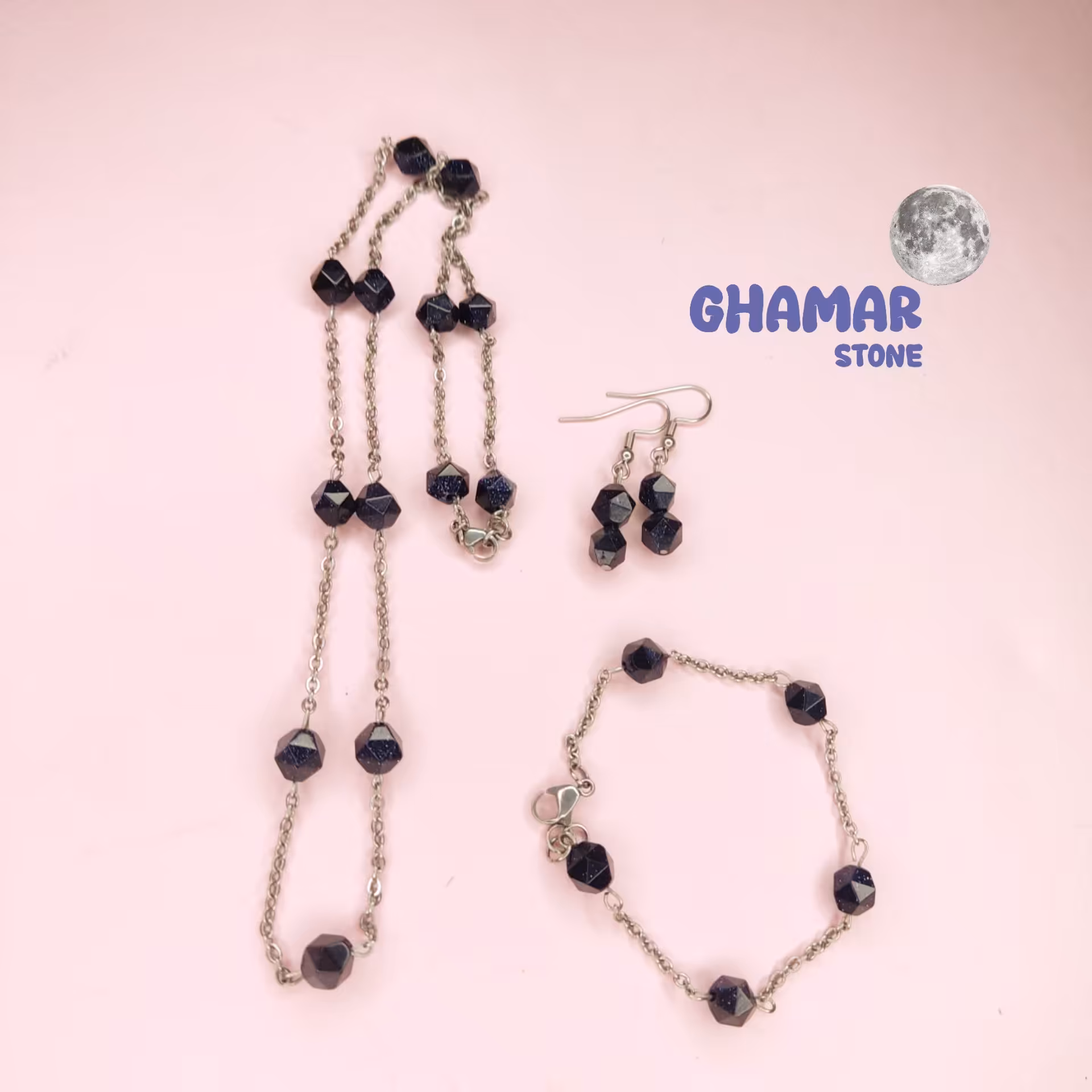 نیم ست دستبند گردنبند گوشواره سنگ دلربا سرمه ای و استیل رنگ ثابت نقره ای