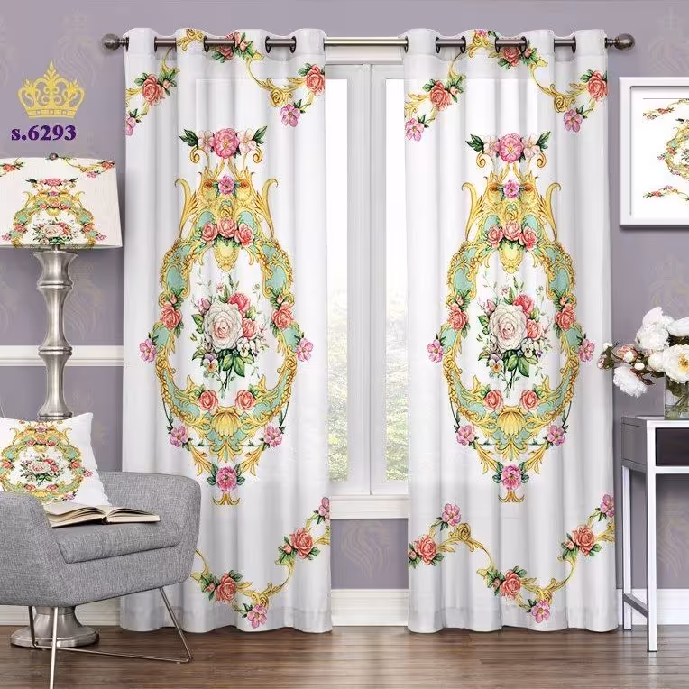 پرده پذیرایی دو قواره پانچ گلدار طرح قاب گلدار کد S6293