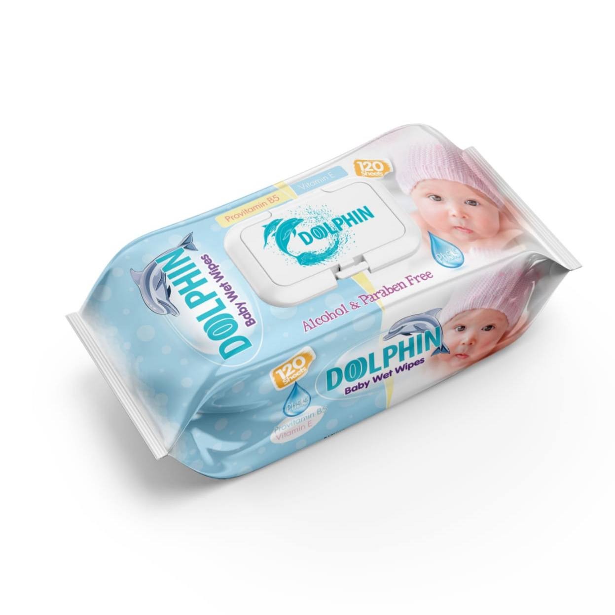 دستمال مرطوب بچه دلفین 120 برگ در ابعاد 20 در 9 در 8 سانتی متری
