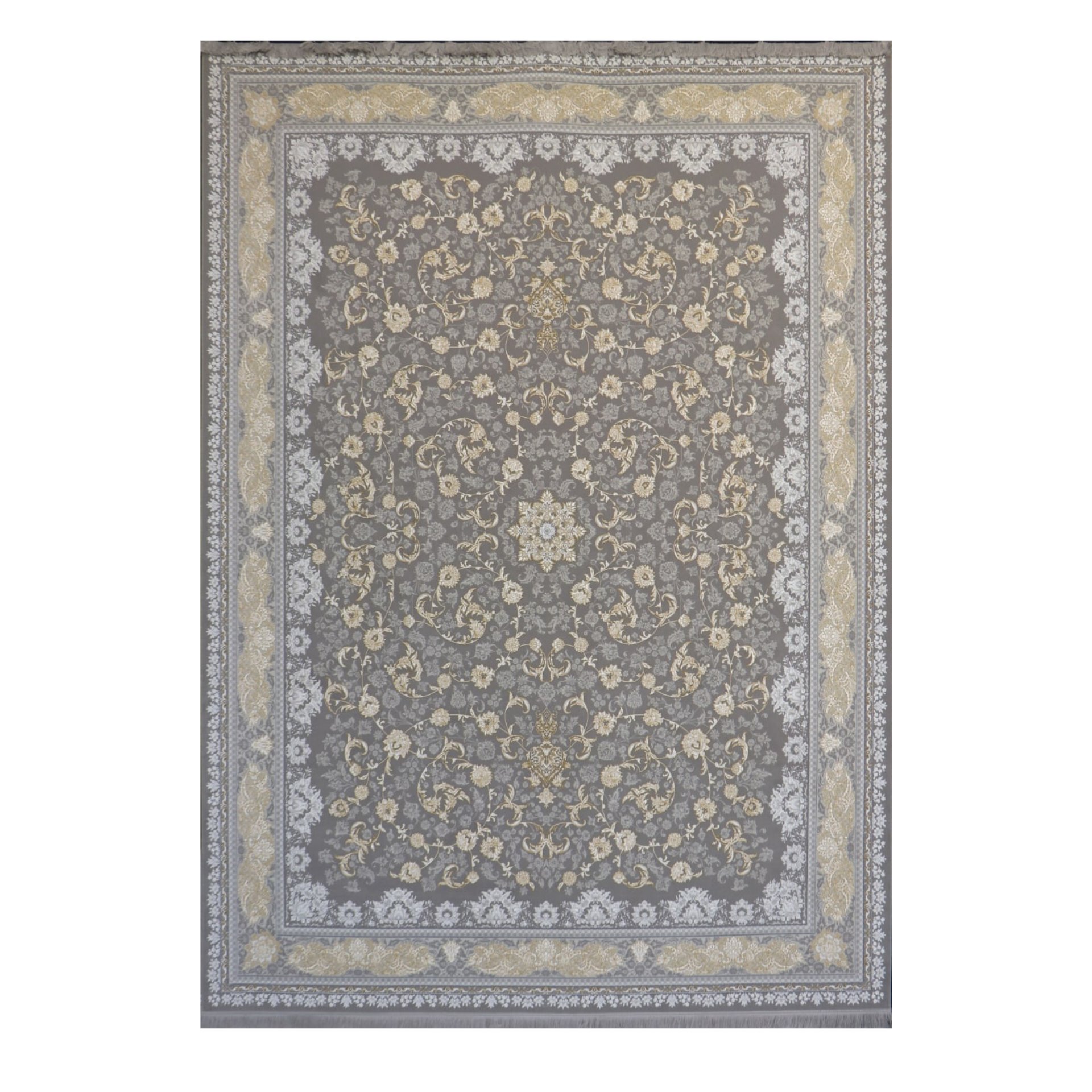 فرش  اکرلیک  12 متری 1200 شانه گلبرجسته طلاکوب طرح ترمه رنگ فیلی