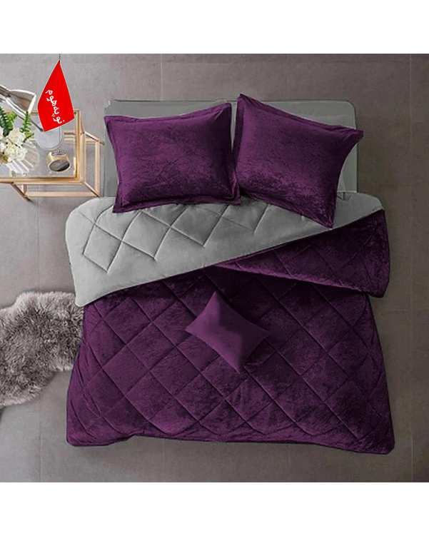 سرویس لحاف روتختی مینیمال مخمل یک نفره 5 تکه بادمجانی نوپه هوم Nopehome طرح لوزی کد MKH06
