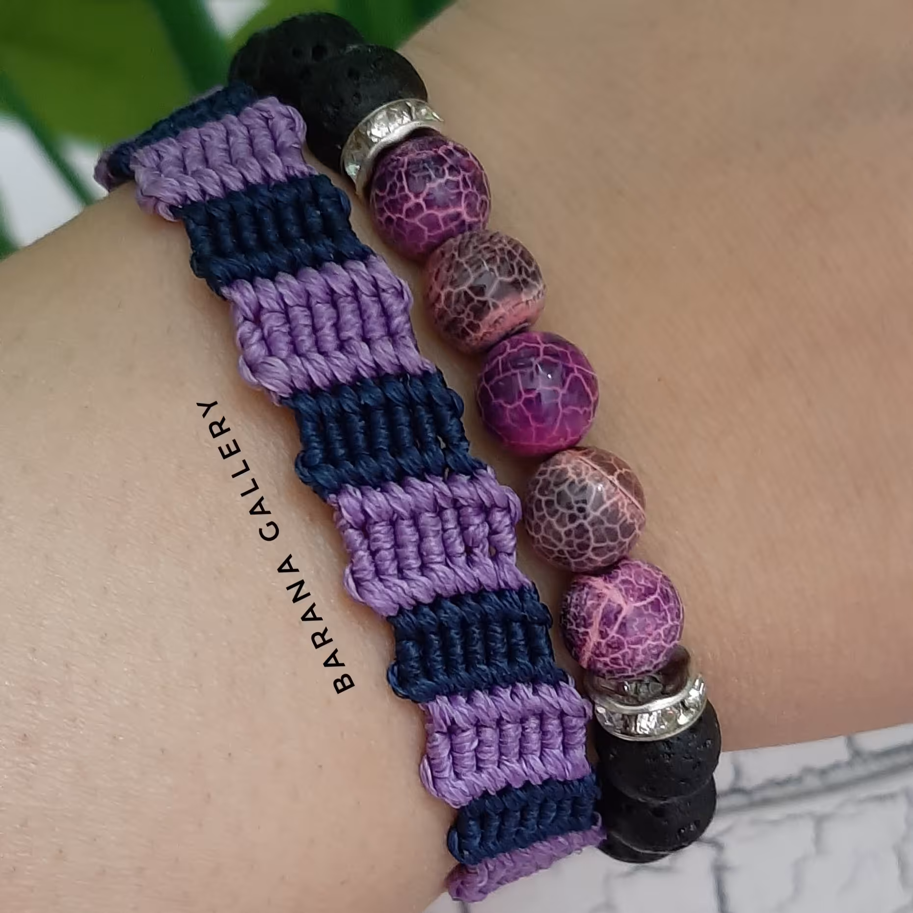 ست دستبند بافت و سنگ عقیق و لاوا