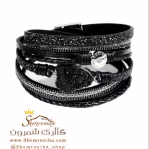 دستبند چرم چند رشته پلاک سنگ مشکی BNG386B0