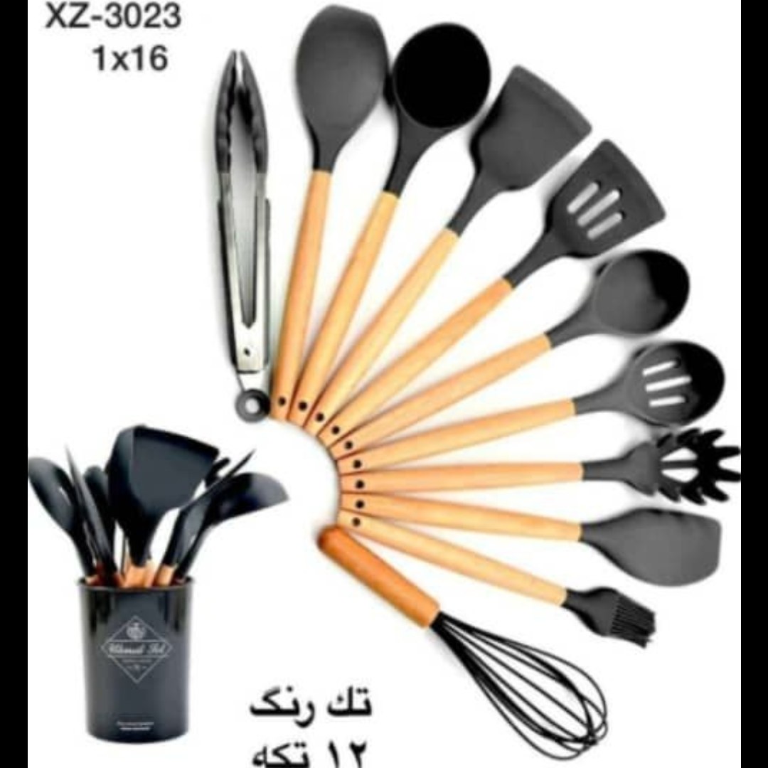 سرویس 12 پارچه کف گیر سلیکونی دسته چوب مرقوب بامبو