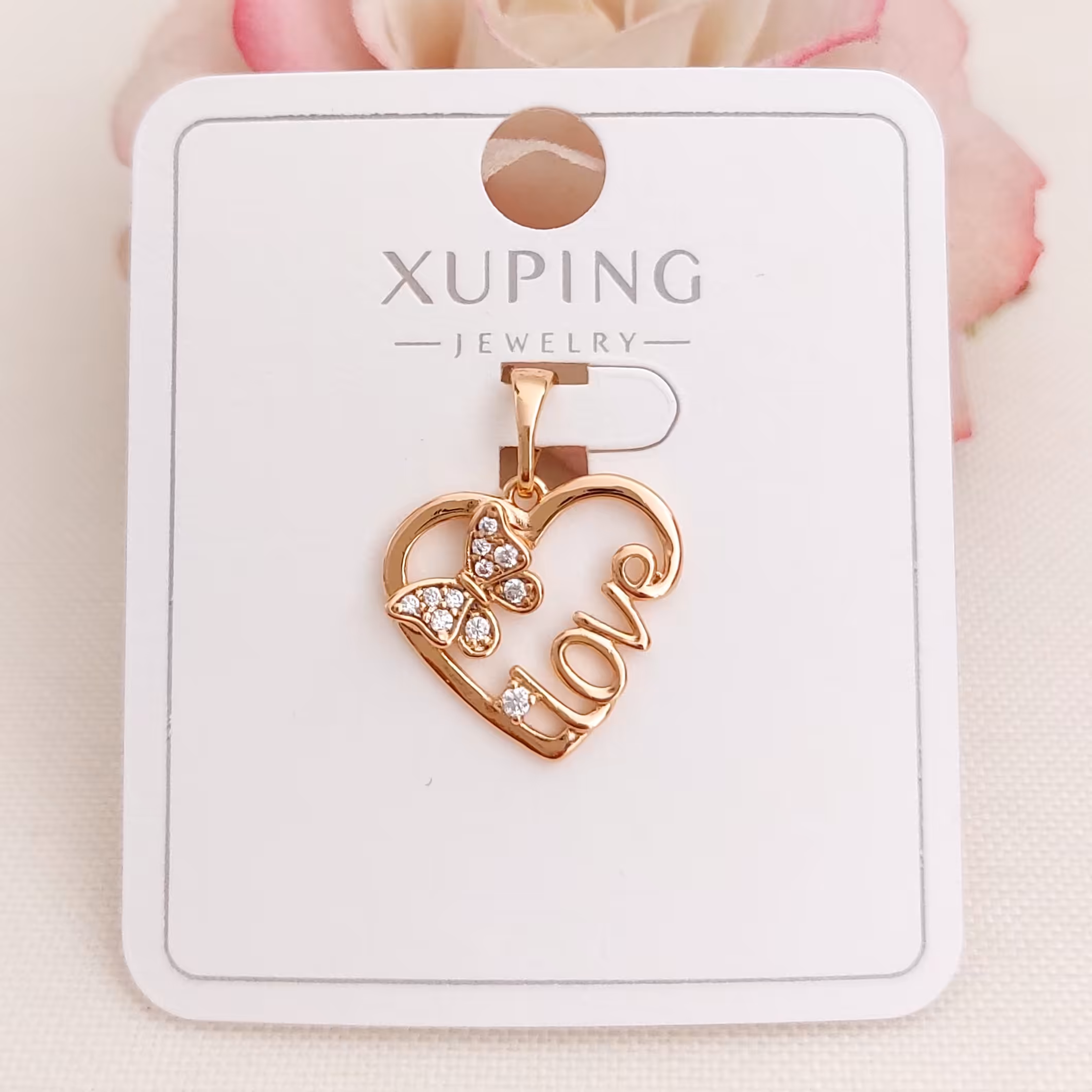 گردنبند ژوپینگ قلب love و پروانه نگیندار  با آبکاری طلا و رنگ ثابت 