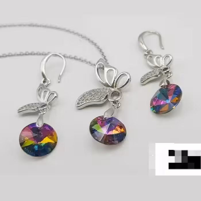 نیم ست زنانه دخترانه جذاب پروانه با آویز سواروسکی گرد استیل