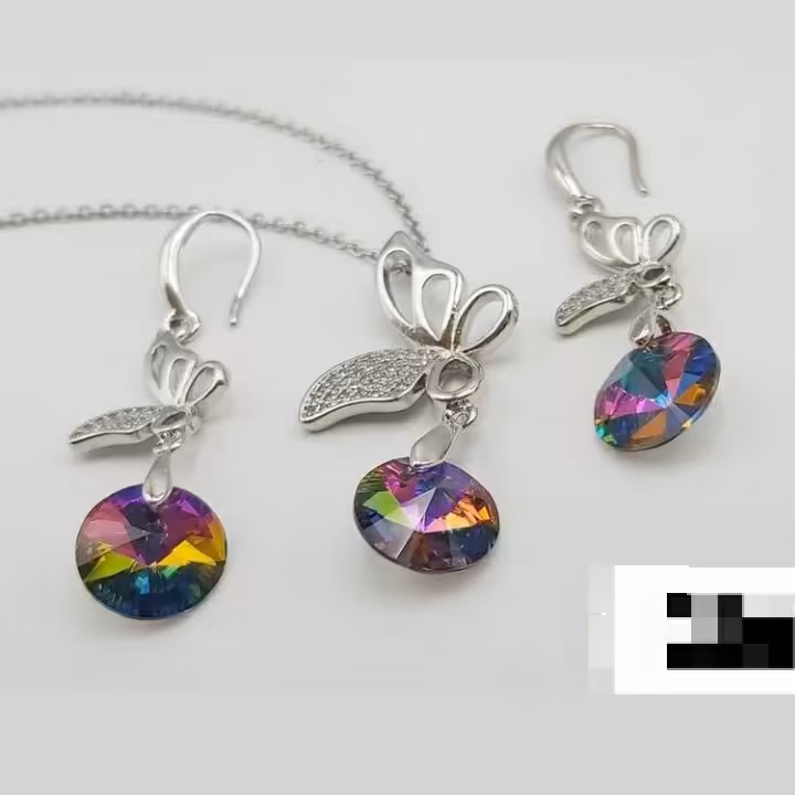 نیم ست زنانه دخترانه جذاب پروانه با آویز سواروسکی گرد استیل